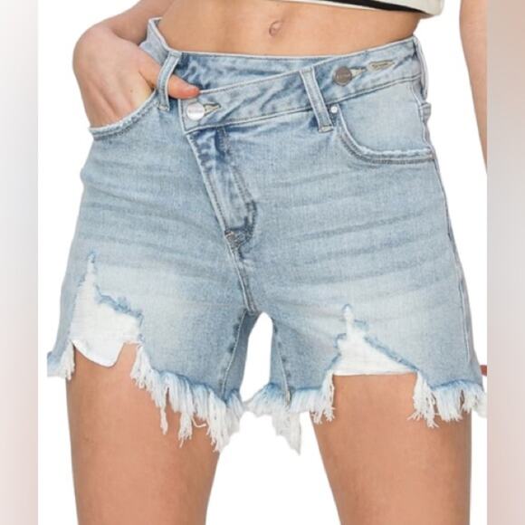 Risen Crossover Waistband Distressed Denim Shorts - Picture 1 of 5